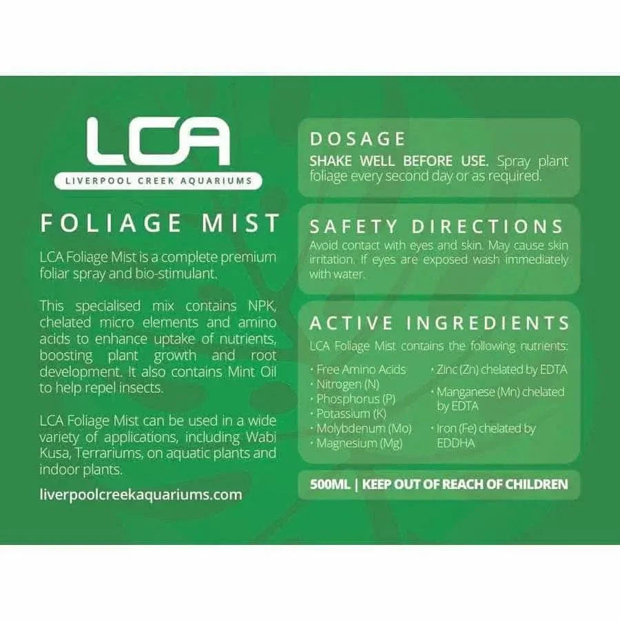 LCA Foliage Mist plant spray label.
