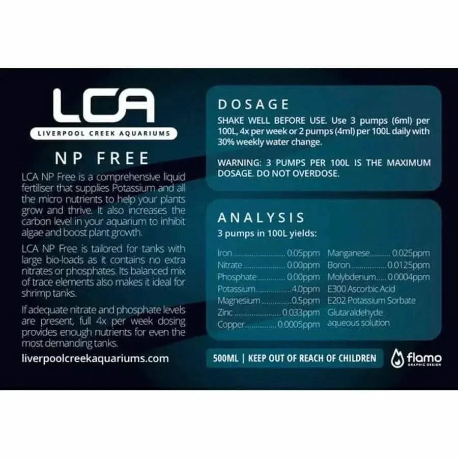 LCA NP Free aquarium fertilizer label.