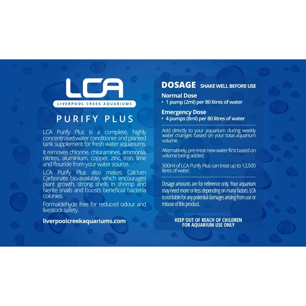LCA Purify Plus water conditioner label.