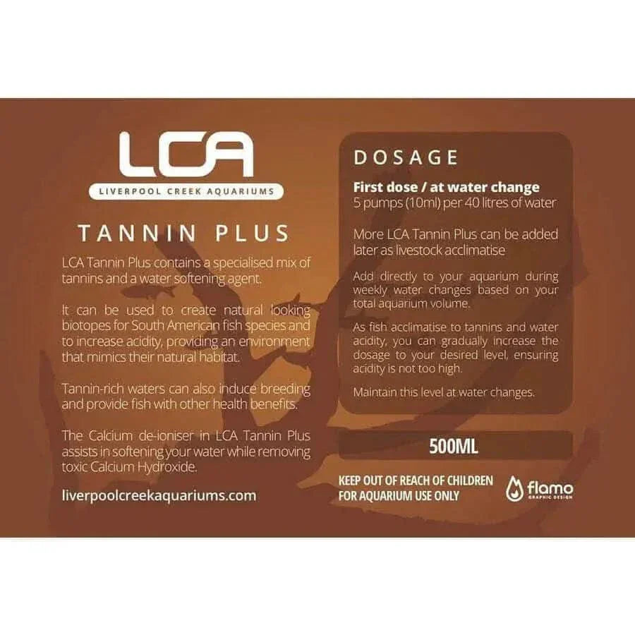 Bottle of LCA Tannin Plus aquarium water treatment.