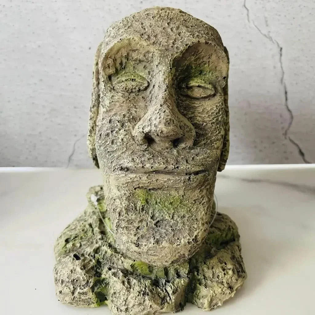 Weathered stone head statue.