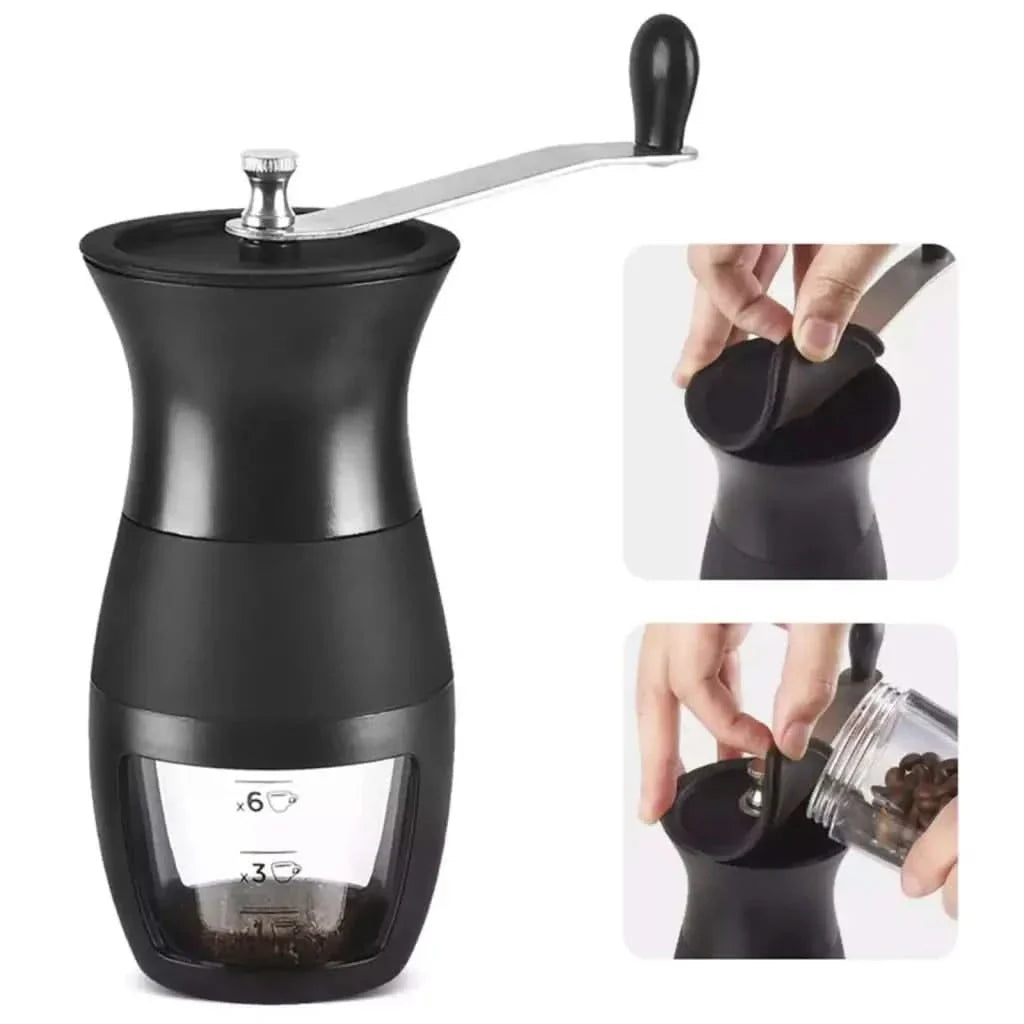 Black manual coffee grinder.