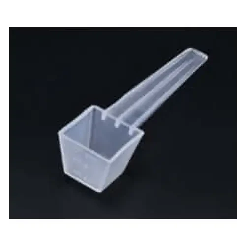 Translucent plastic measuring scoop.
