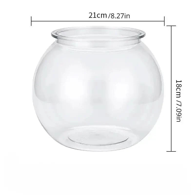 Clear glass fishbowl with dimensions.