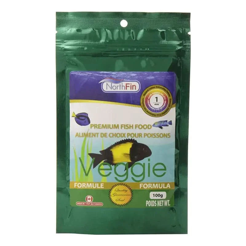 NorthFin Veggie Formula fish food in a green package.