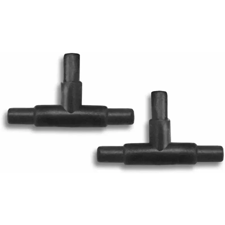 Two black plastic T-connectors.