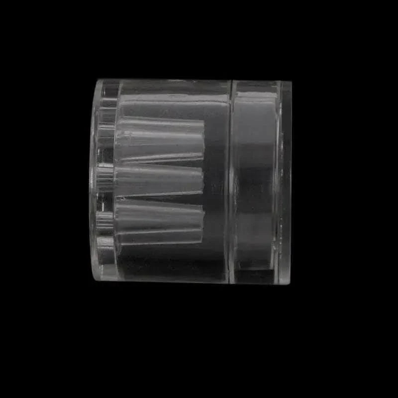 Clear plastic cylindrical container with internal protrusions.