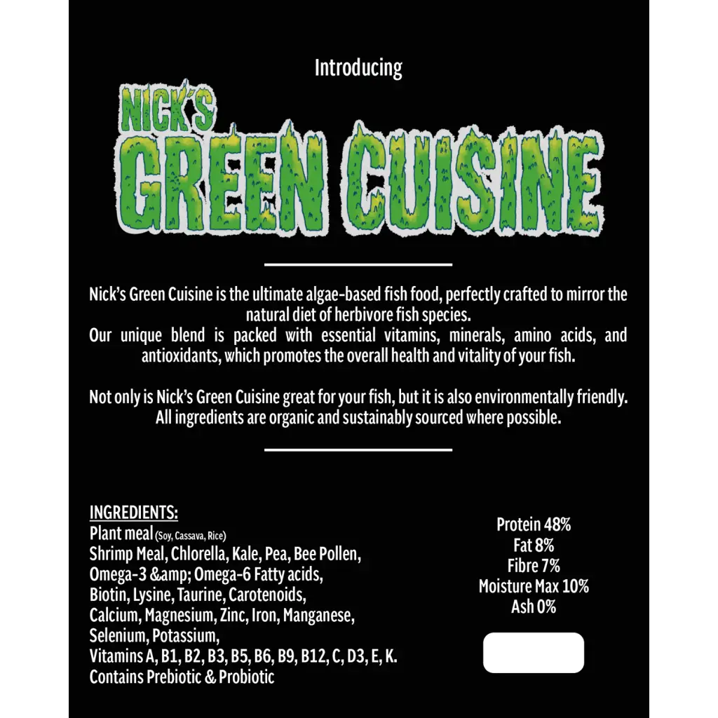 Nick’s green cuisine is a black-packaged algae-based fish food with green, grassy-textured lettering and white outlines.