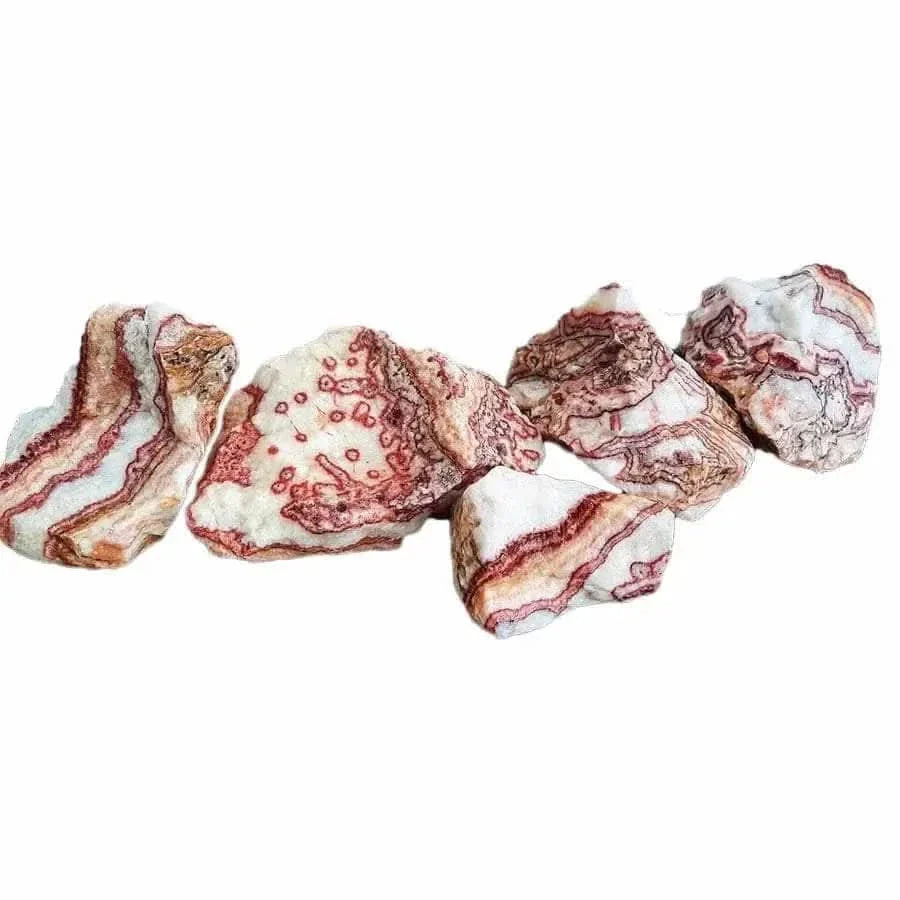 Six red and white patterned rocks.