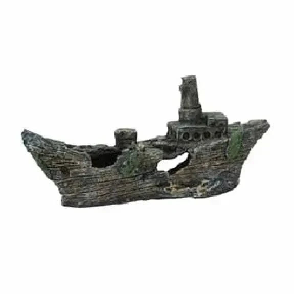 Weathered shipwreck aquarium decoration.
