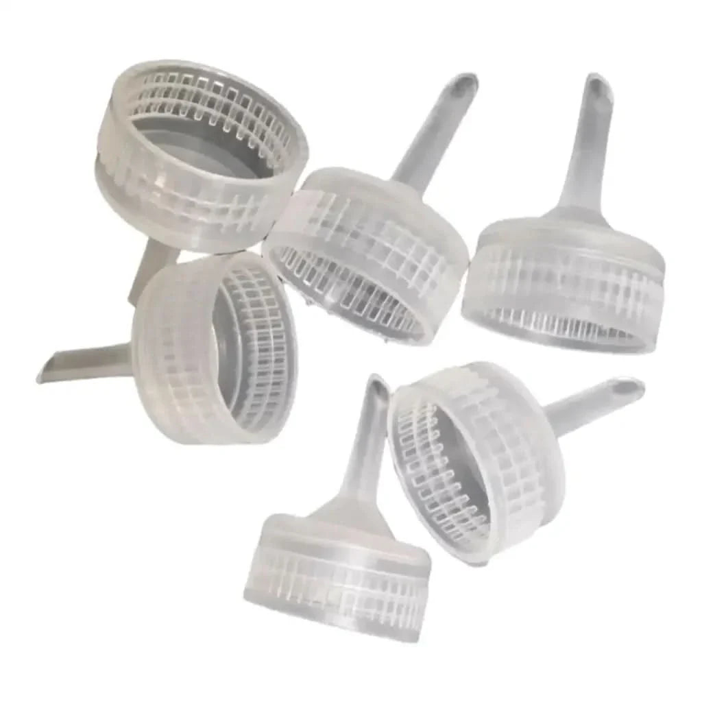 Clear plastic bottle pour spouts.