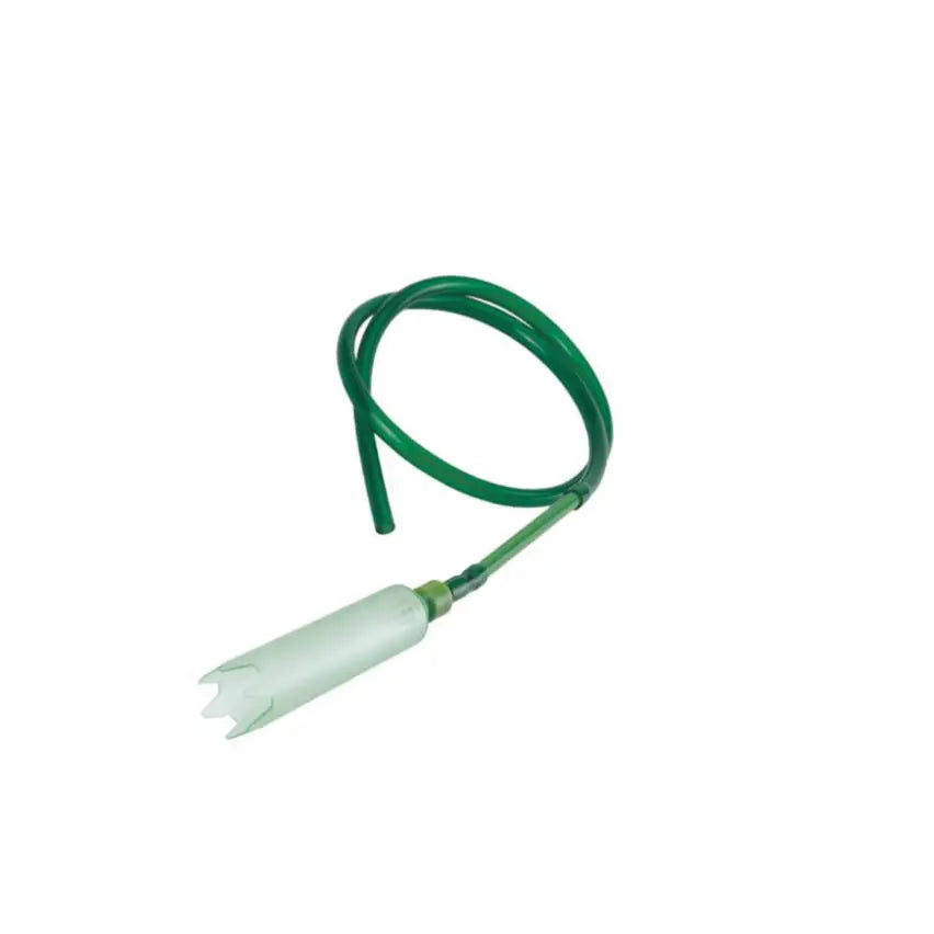 Green hose with white nozzle.