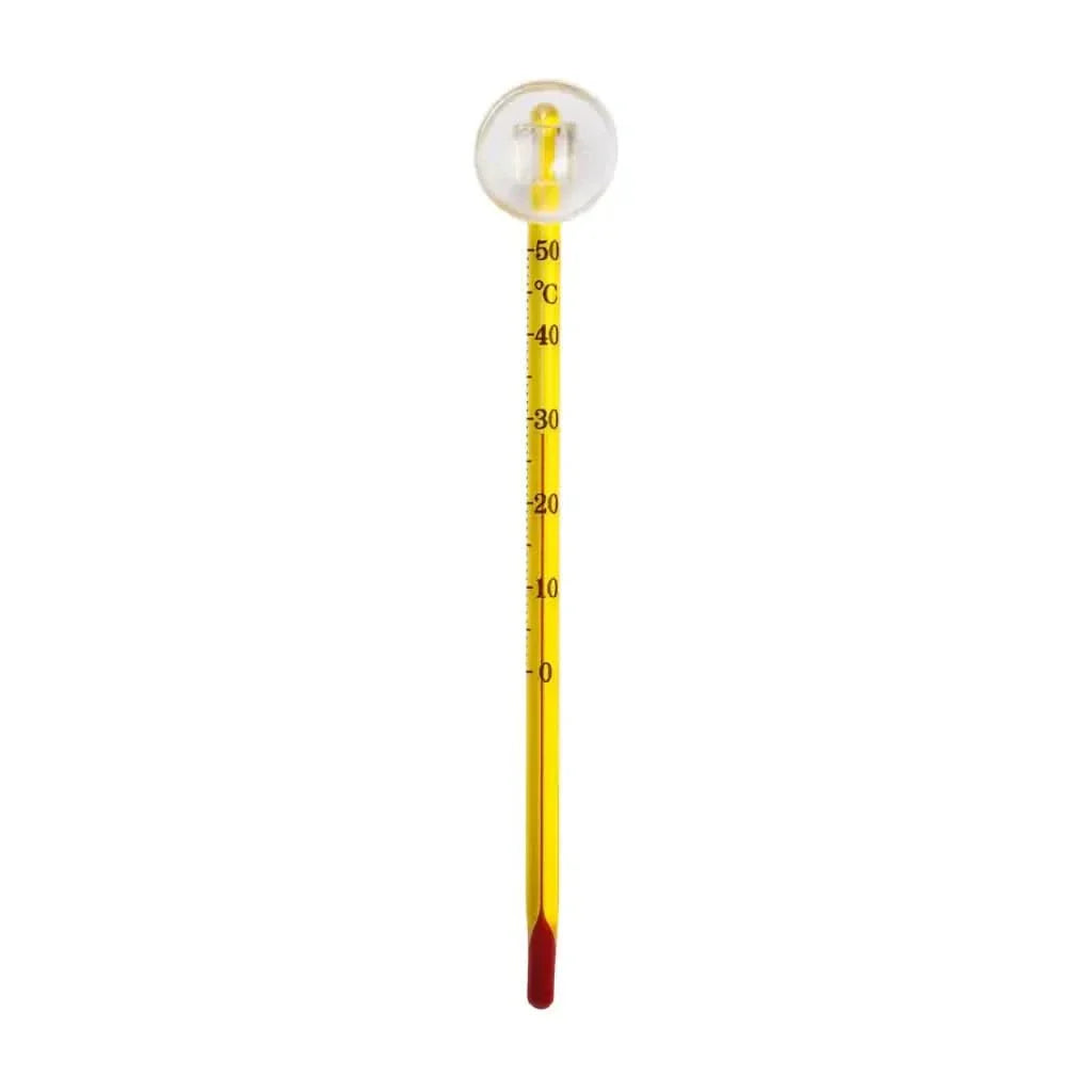 Yellow thermometer with red liquid.