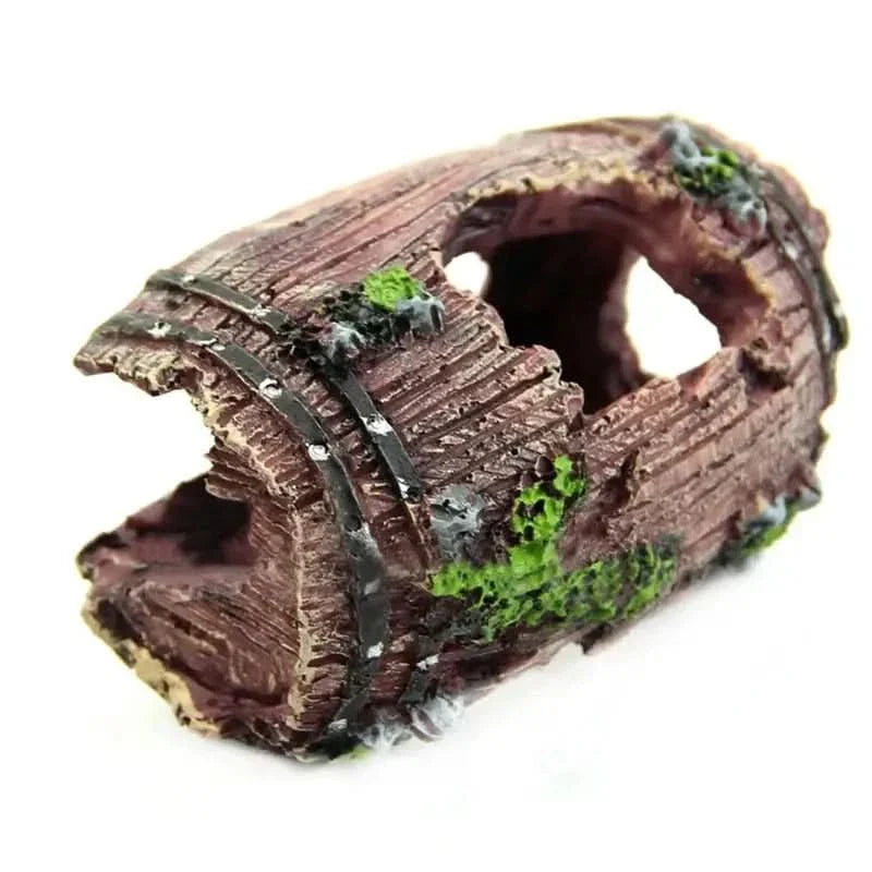 Artificial, weathered barrel aquarium decoration.