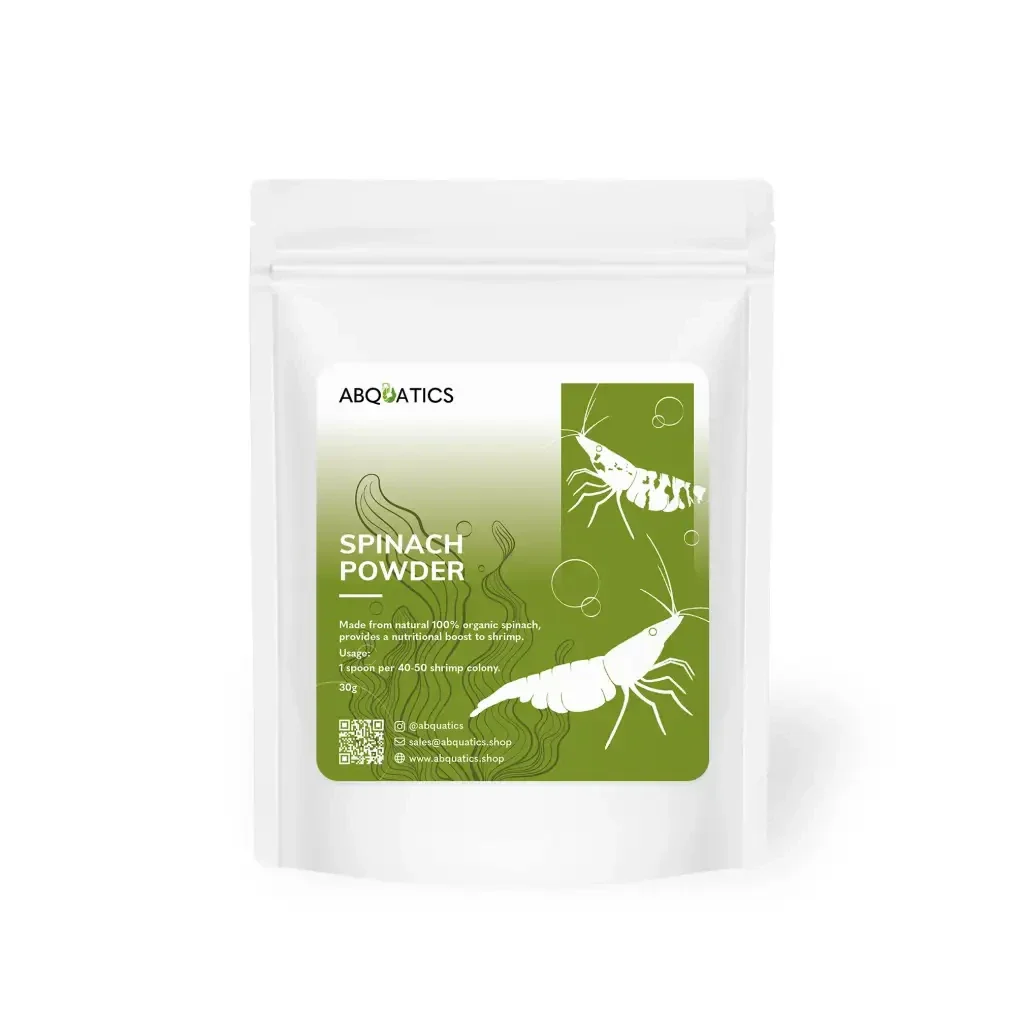 Pouch of spinach powder for shrimp.