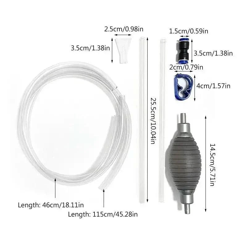 Aquarium water changer kit with dimensions.