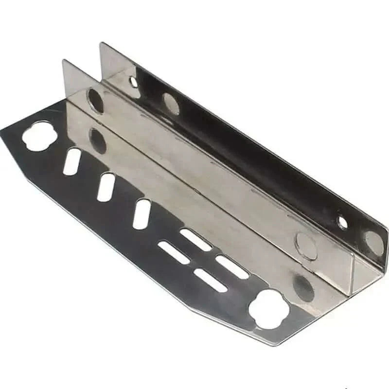 Shiny metal bracket with holes.