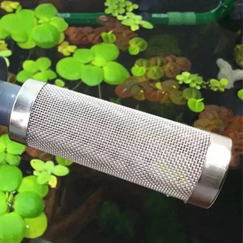 Cylindrical stainless steel mesh filter.