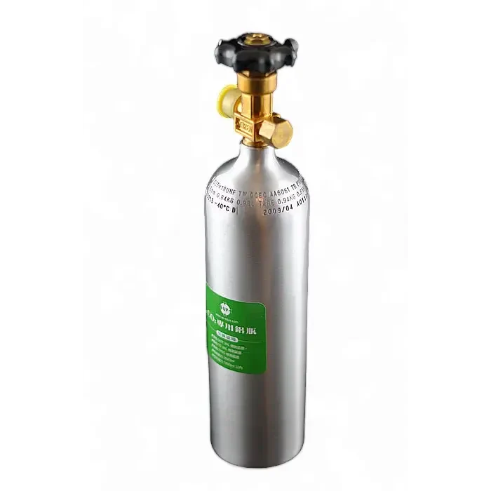 Silver gas cylinder with brass valve.