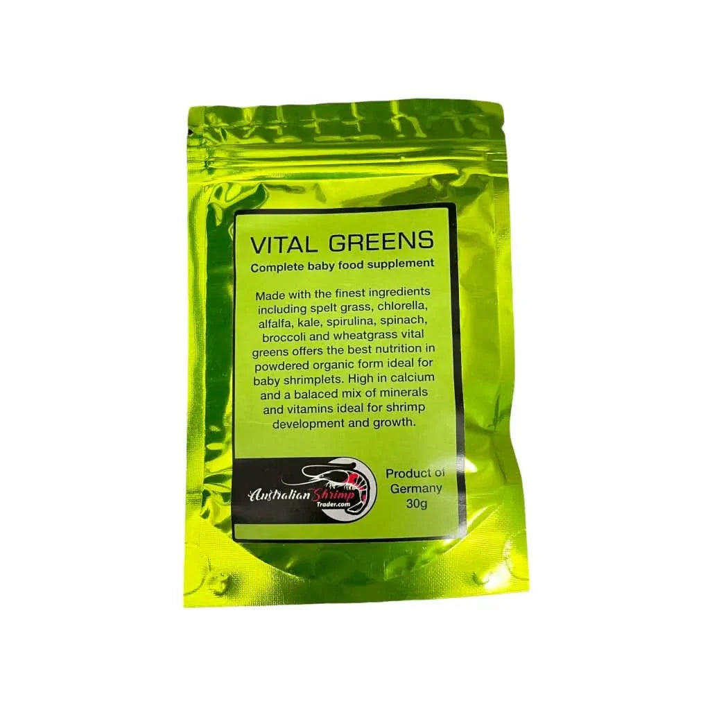 Shiny green bag of baby shrimp food supplement.