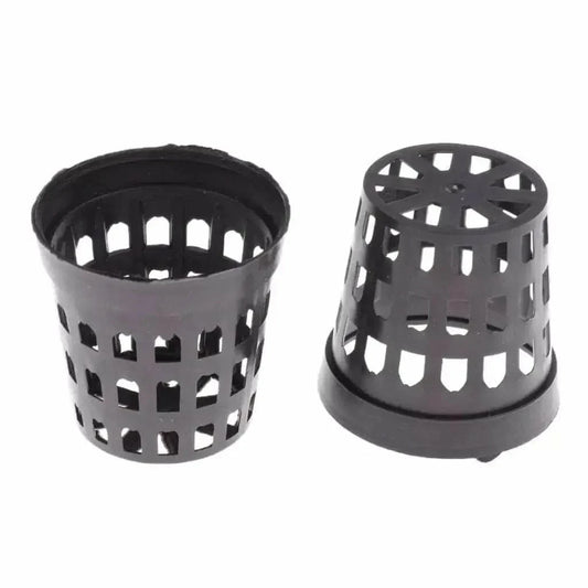 Two black plastic net pots.