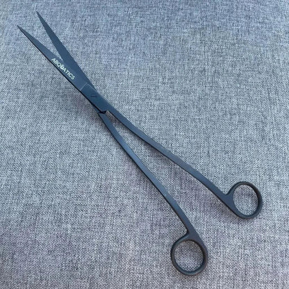 Long, black, metal scissors.