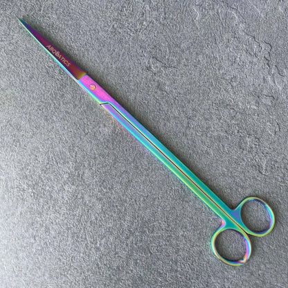 Rainbow-colored metal scissors.