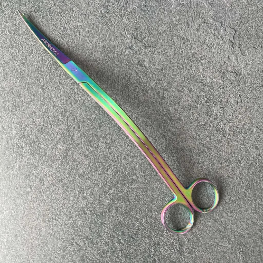 Curved, iridescent scissors.