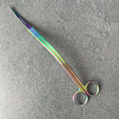 Curved, iridescent scissors.