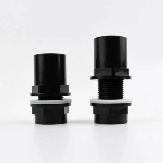 Two black PVC bulkhead fittings.