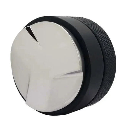 Metal and black coffee tamper.