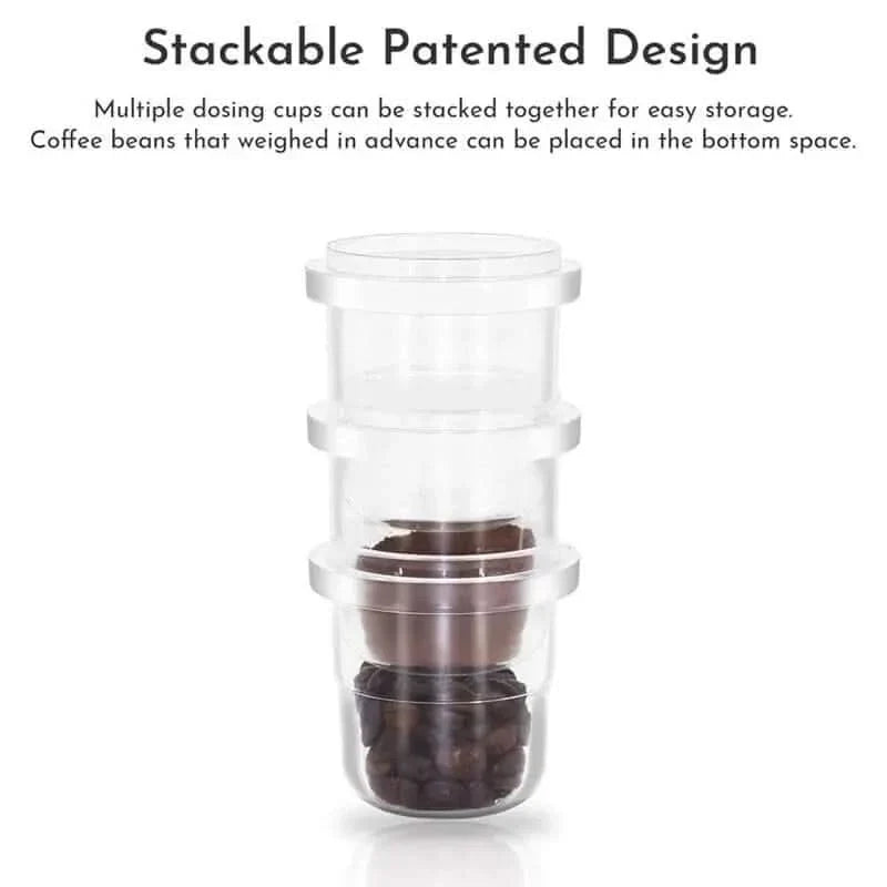 Stackable clear dosing cups with coffee beans.