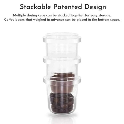 Stackable clear dosing cups with coffee beans.