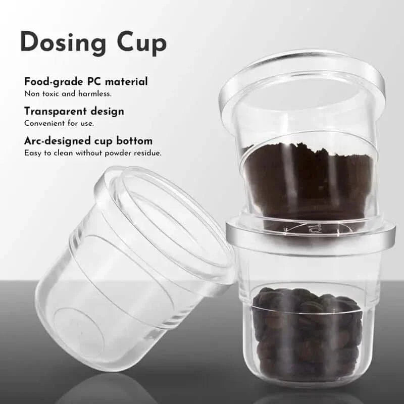 Stackable transparent dosing cups.