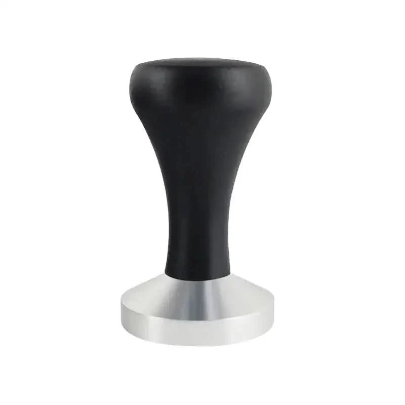 Black-handled, silver-based coffee tamper.