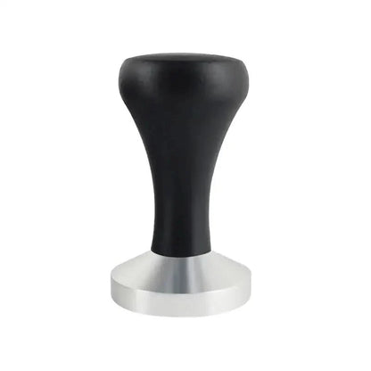 Black-handled, silver-based coffee tamper.