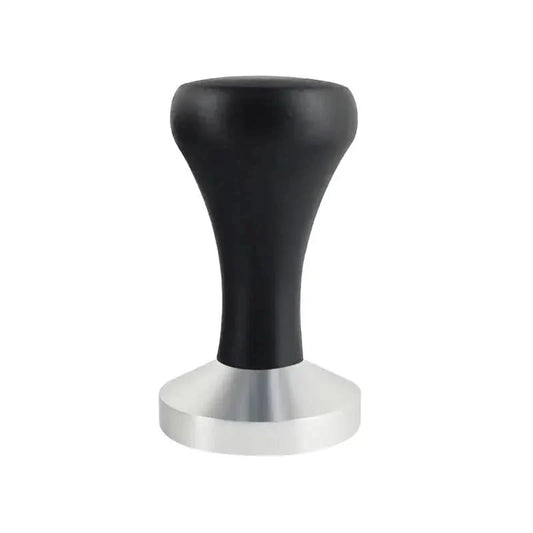 Black-handled, silver-based coffee tamper.