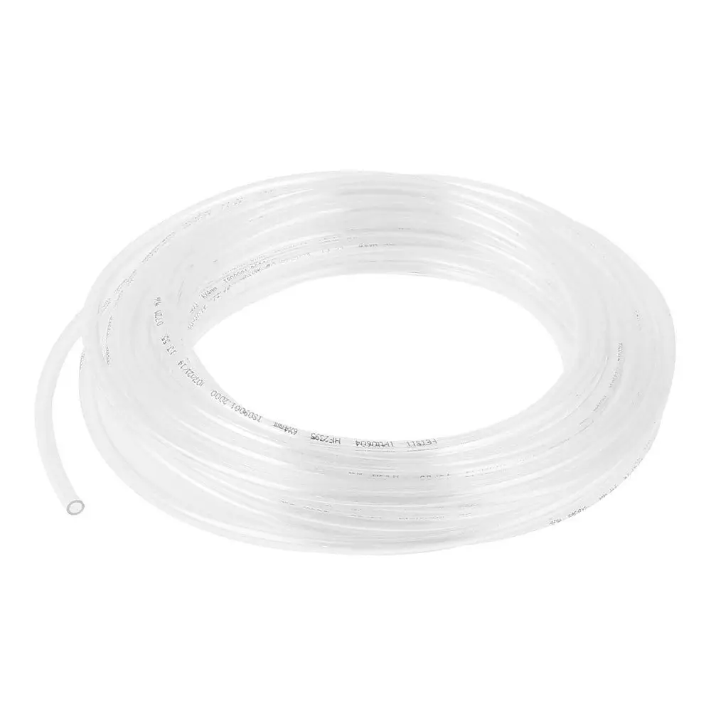 Clear plastic tubing roll with white text and a small hole at one end.
