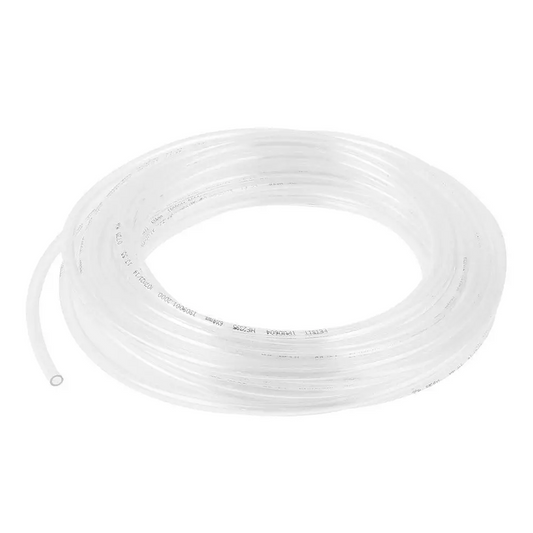 Clear plastic tubing roll with white text and a small hole at one end.