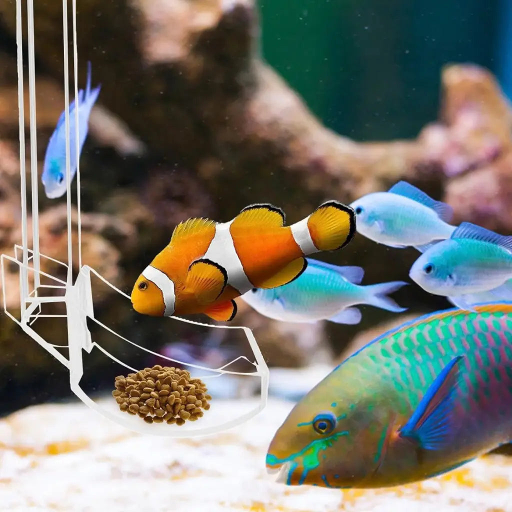 Aquarium with various colorful fish and a feeder.