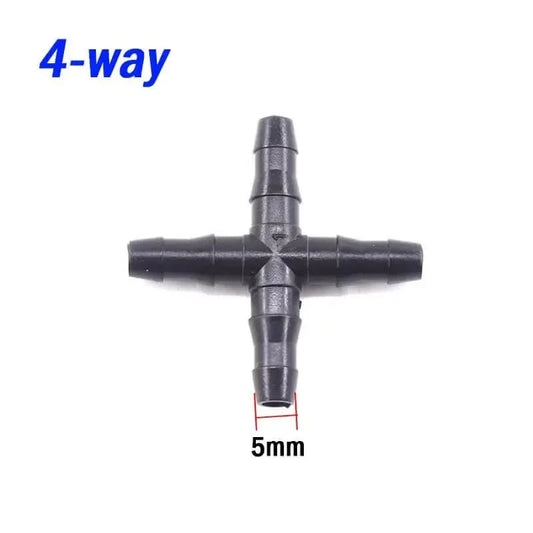 Black plastic four-way hose connector.