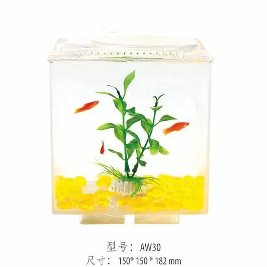 Small, clear fish tank with artificial plants and fish.