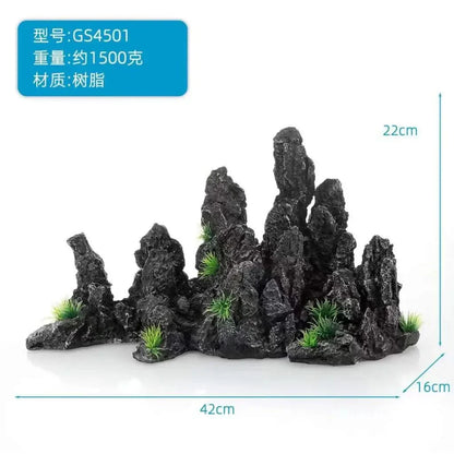 Resin aquarium rock formation with dimensions.