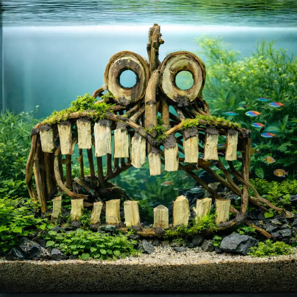 A whimsical, moss-covered driftwood sculpture with hollowed-out eyes and tooth-like pieces forming a grin.