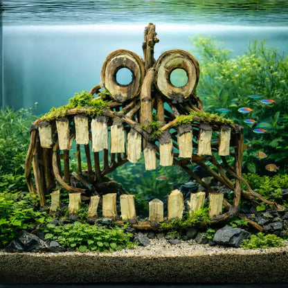 A whimsical, moss-covered driftwood sculpture with hollowed-out eyes and tooth-like pieces forming a grin.