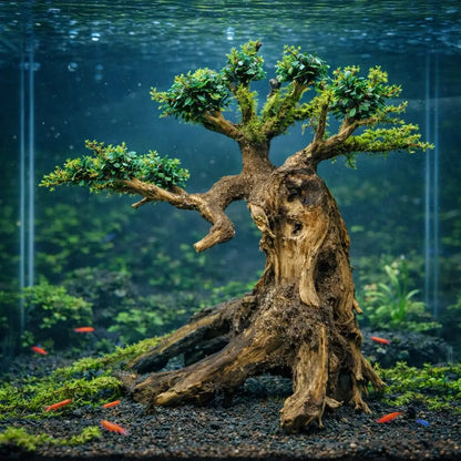 A intricately carved, gnarled driftwood bonsai tree with lush green foliage and mossy texture sits as a centerpiece in an aquarium.