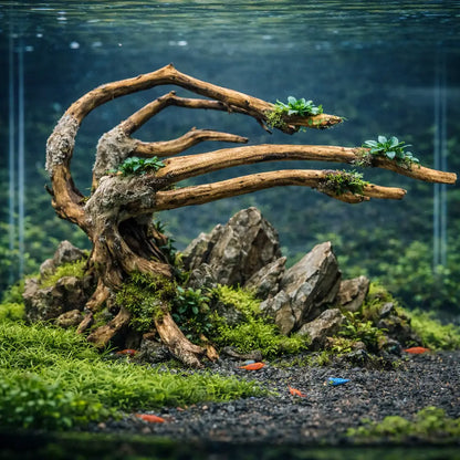 A weathered, light brown driftwood centerpiece with gnarled branches and mossy texture, adorned with small green aquatic plants.