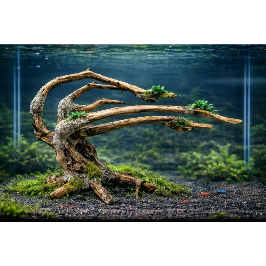 A weathered, light brown driftwood piece with moss and small green plants growing from its branches.