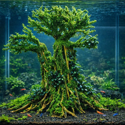 Lush, moss-covered artificial tree with intricate branching structure and vibrant green foliage.