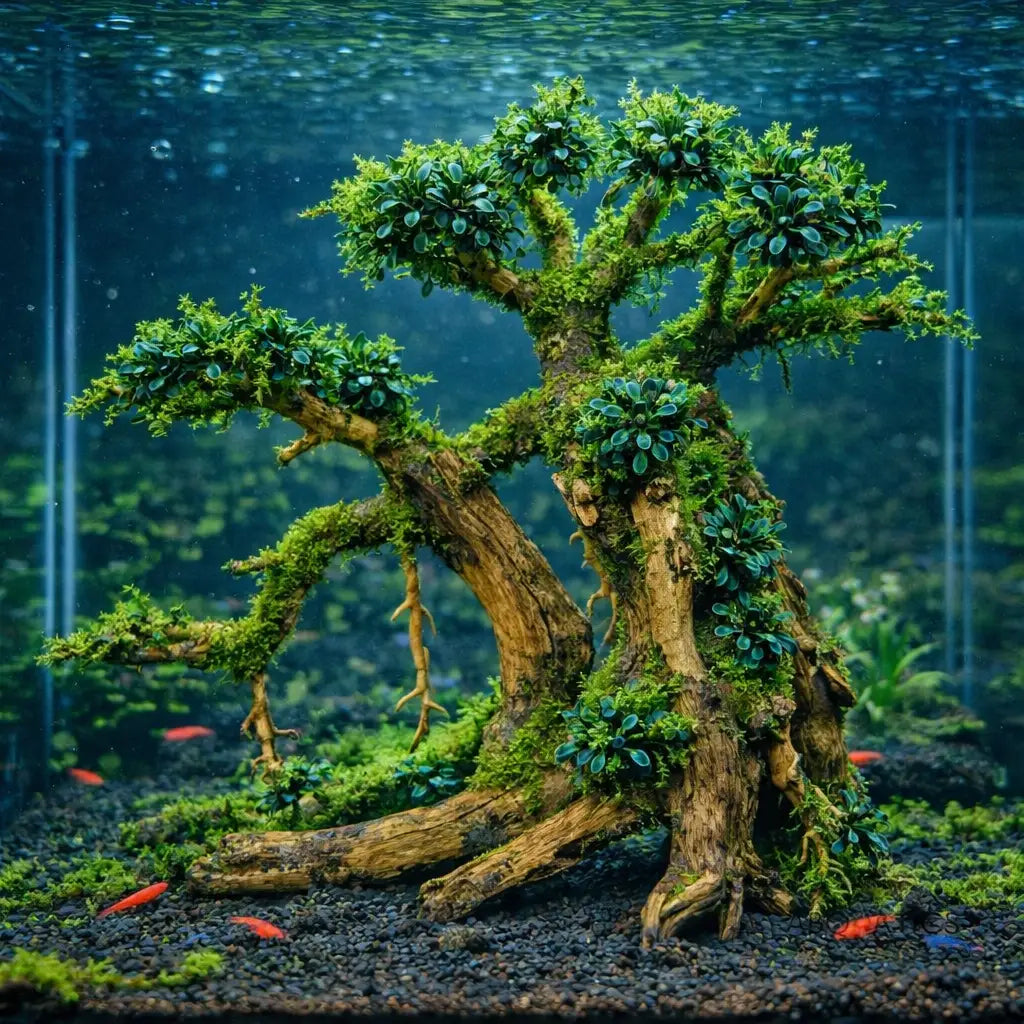 A moss-covered driftwood tree with lush green foliage and intricate, gnarled branches.